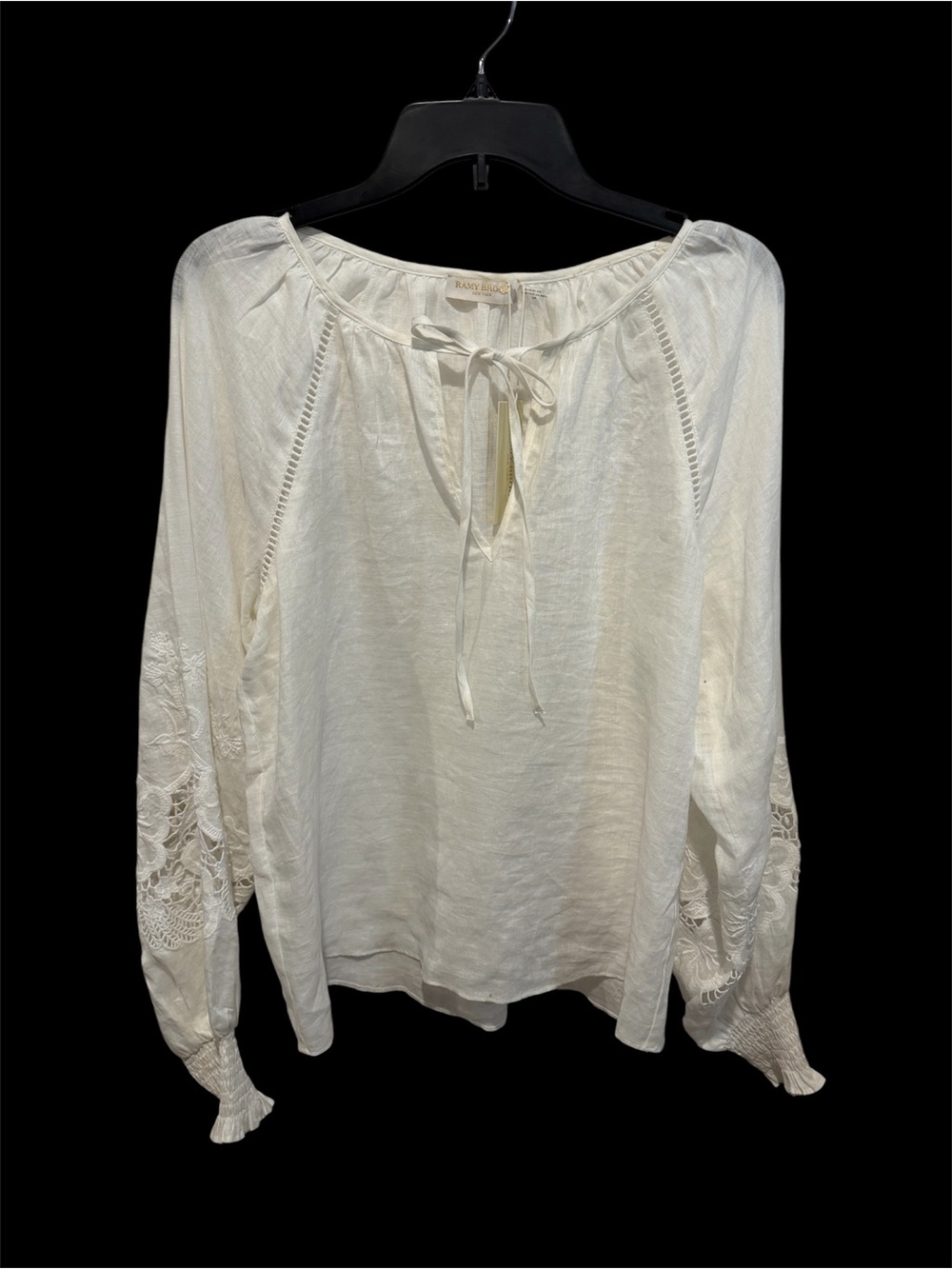 Ramy Brook white linen long sleeve pesant top featuring floral cutout sleeve S